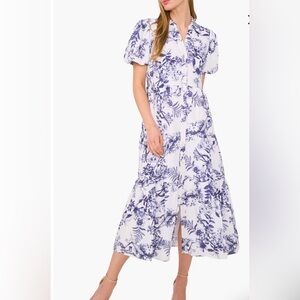 CeCe Blue and White Floral Cotton Midi Dress Size Large